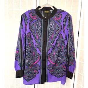 Bob Mackie Wearable Art Paisley Blouse 2X Purple Mandarin Collar Retro Bold Boho